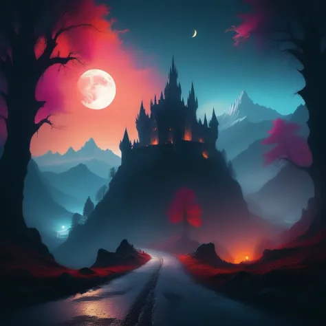 a dark castle with a full moon in the background