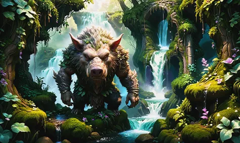 a close up of a monster in a forest with a waterfall