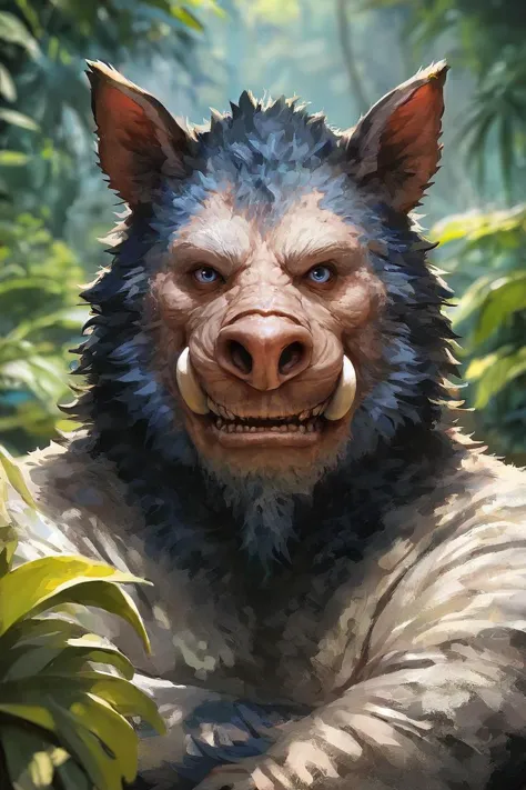 a close up of a painting of a big furry animal in the jungle