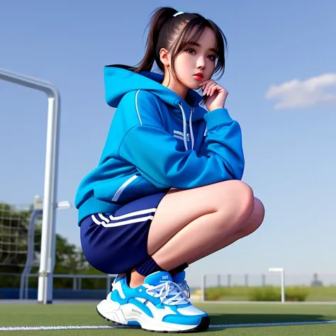 Masterpiece, high quality, 4K, solo, 1girl,
sneakers, a woman in a blue tracksuit crouches , wearing sneakers
 