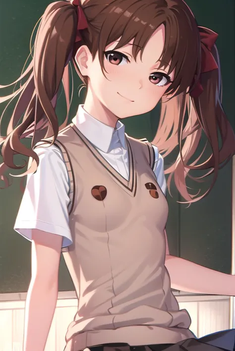 kurokoshirai, <lyco:kurokoshirai-lyco-nochekaiser:1>,
kuroko shirai, brown hair, long hair, (parted bangs:1.5), (brown eyes:1.7), ringlets, twintails, hair bow, bow, red bow, (small breasts:1.2), <lora:sensualface_type2:1>, smile,
BREAK armband, black skirt, collared shirt, dress shirt, pleated skirt, safety pin, school uniform, shirt, short sleeves, skirt, summer uniform, sweater vest, tokiwadai school uniform, twintails, white shirt, (brown sweater vest:1.5),
BREAK looking at viewer, upper body, fully body,
BREAK indoors, classroom,
BREAK <lyco:GoodHands-beta2:1>, (masterpiece:1.2), best quality, high resolution, unity 8k wallpaper, (illustration:0.8), (beautiful detailed eyes:1.6), extremely detailed face, perfect lighting, extremely detailed CG, (perfect hands, perfect anatomy),