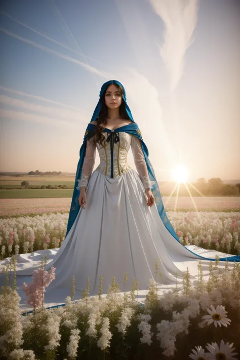 a woman in a white dress and blue cape standing in a field of flowers