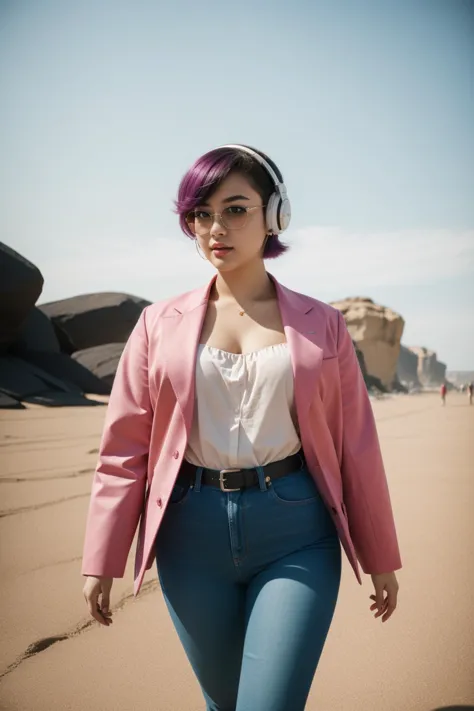 arafed woman in a pink jacket and headphones walking on a beach