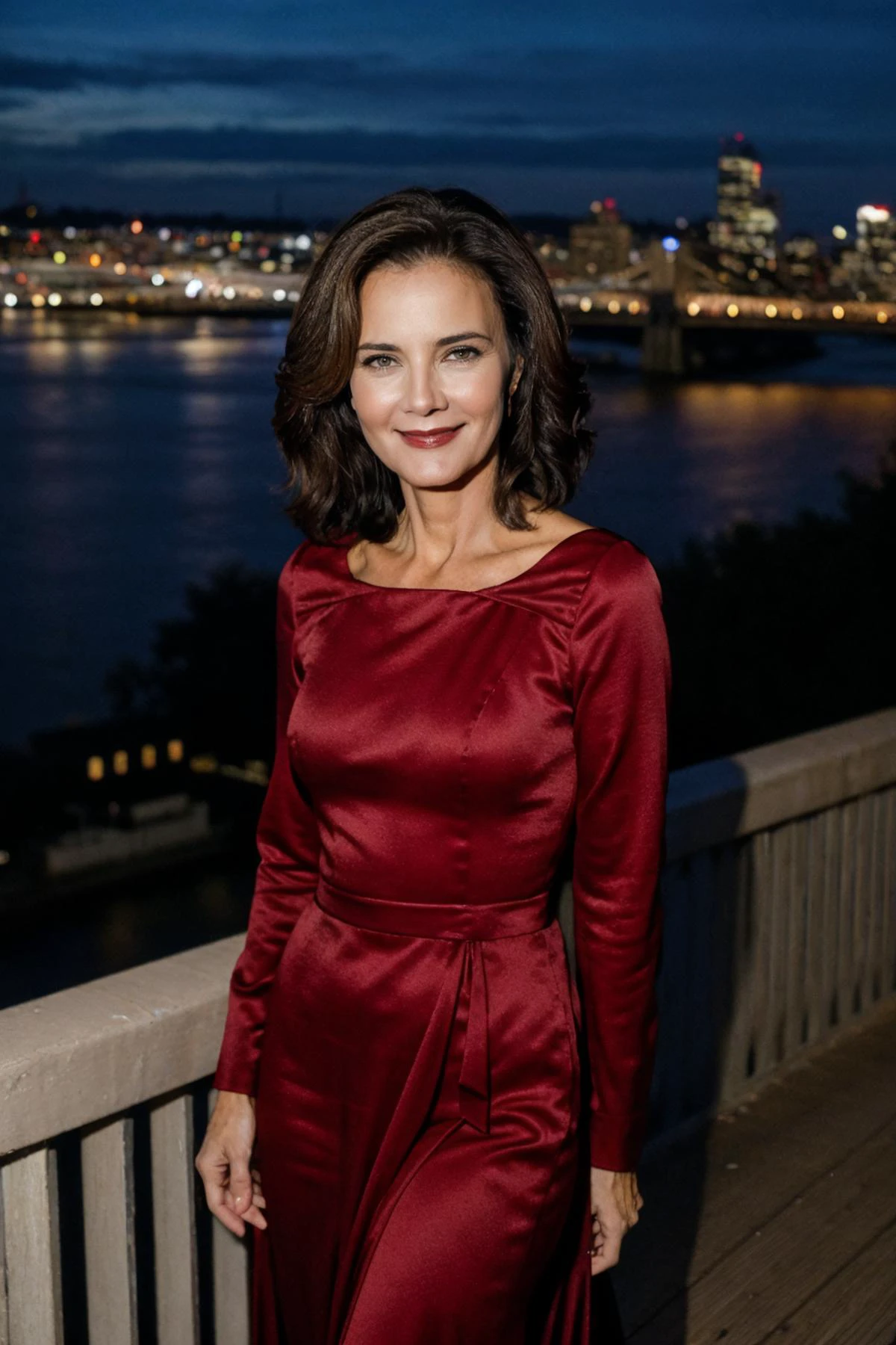 medium shot, front view, realistic photo of lcww, a mature woman, 50 years old, (facial wrinkles:0.5), slim body, wearing a gown, standing on a bridge, city background, smiling, looking at the camera, (sharp forcus, highly detailed, 4k, 8k, best quality, masterpiece, ultra highres:1), night time, dark lighting, contrast, 