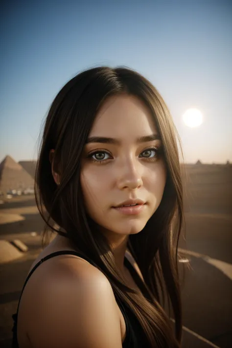 a woman with long hair and blue eyes standing in front of a pyramid