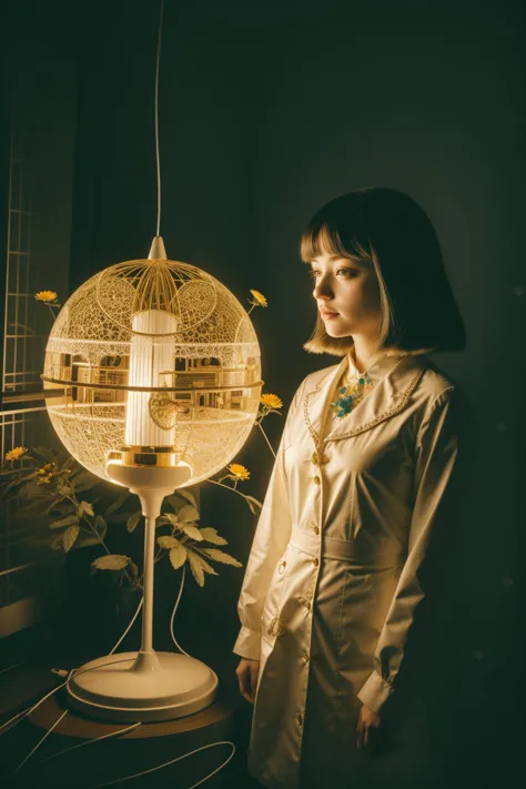 a woman standing in front of a lamp with a bird cage on it