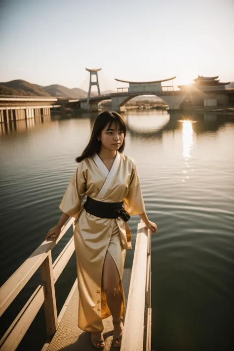 arafed woman in a kimono standing on a bridge over a body of water