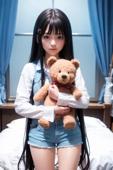 masterpiece, best quality, <lora:YuukoShionji:1>,1girl, shionji yuuko, shorts,stuffed animal,teddy bear,