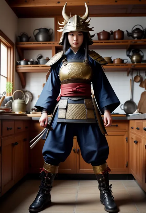 (medium full shot) of (ineffable young woman:1.1) japanese samurai, black hair, straight hair,  brown eyes, slender,            ...