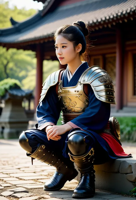 (medium full shot) of (ethereal young woman:1.1) chinese samurai, black hair, hairbun,  brown eyes, petite,             wearing ...