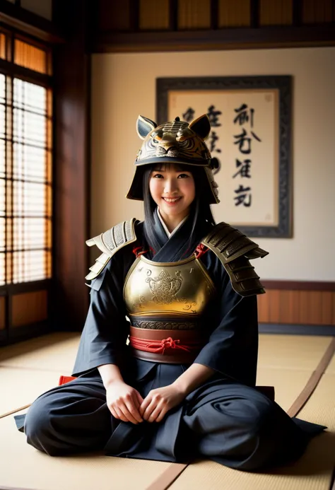 (medium full shot) of (otherworldly young woman:1.1) chinese samurai, black hair, straight hair,  brown eyes, curvy,            ...