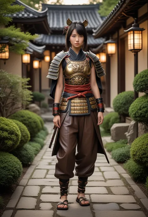 (medium full shot) of (resplendent samurai) chinese young woman, slim build, black hair, straight hair,  brown eyes, wearing a s...