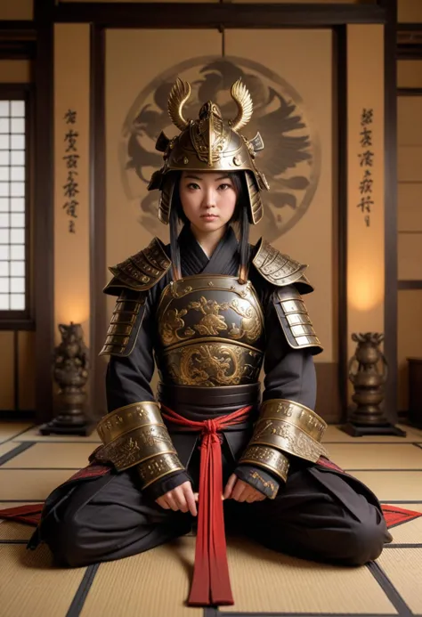 (medium full shot) of (otherworldly samurai) japanese young woman, tiny build, black hair, straight hair, dark brown eyes, weari...