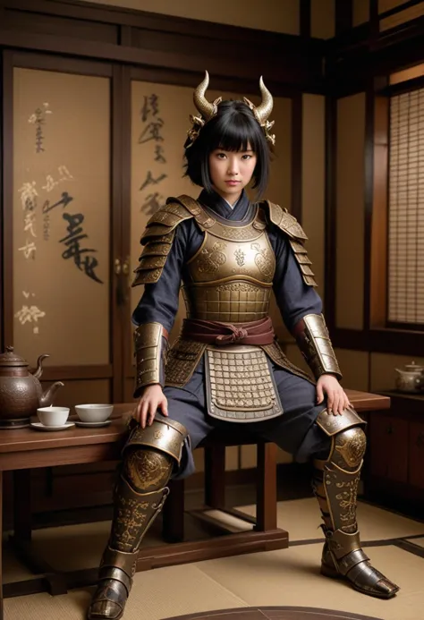 (medium full shot) of (celestial samurai) korean young woman, busty build, black hair, hime haircut, dark brown eyes, wearing a ...