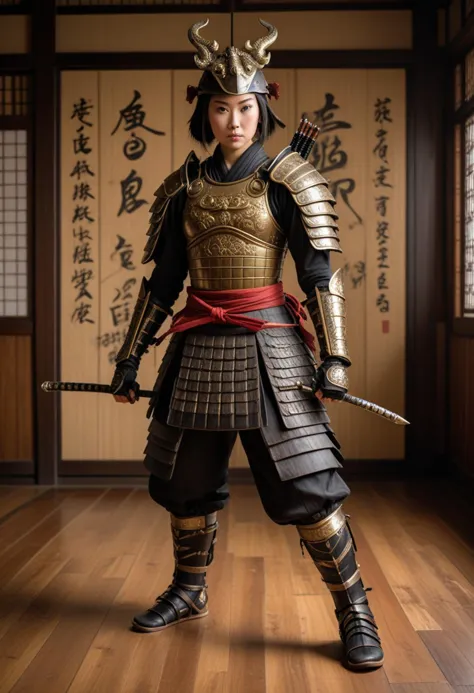 (medium full shot) of (radiant samurai) chinese young woman, voluptuous build, black hair, hairbun, dark brown eyes, wearing a samurai armor, Scale armor cuirass with phoenix design, samurai pants, metal kabuto helmet with intricate dragon ornamentation, lacquered leather zeta boots, wielding bow and arrows, set in the edo era, in  Training Hall, Wooden floors worn smooth with use, bamboo training mats neatly rolled in a corner, walls adorned with calligraphy scrolls, weapons racks displaying various swords and staffs, the faint scent of incense lingering in the air , surprised, open mouth, running toward the viewer, Masterpiece,best quality, photorealistic, amazing quality, very aesthetic, extremely detailed face,