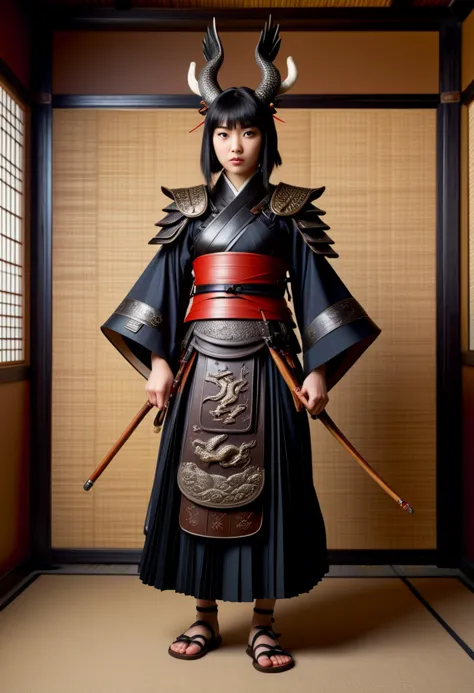 (medium full shot) of (otherworldly young woman:1.1) chinese samurai, black hair, hime haircut,  brown eyes, slender,           ...