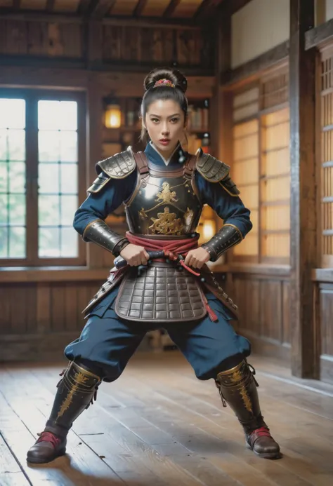 (medium full shot) of  (divine young woman:1.1) japanese samurai, black hair, hairbun,  brown eyes, curvy,             wearing Armor vest with samurai crest, plated arm guards, plated shin guards, leather boots, helmet with crest and face guard, wielding kanabo club, surprised, open mouth, running toward the viewer,  .set in  Weaver's Workshop, Wooden building with large windows for natural light, looms and spinning wheels visible inside, shelves filled with colorful threads and fabrics , at night. Masterpiece,best quality, photorealistic, amazing quality, very aesthetic, extremely detailed face,