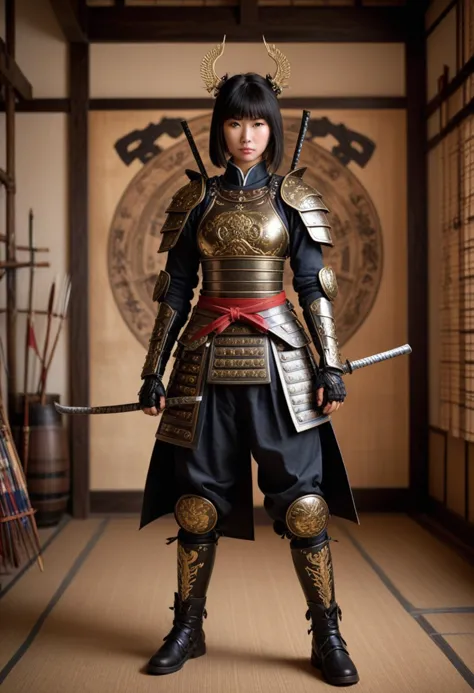 (medium full shot) of (seraphic samurai) chinese young woman, busty build, black hair, hime haircut, dark brown eyes, wearing a samurai armor, Steel lacquered breastplate with swirling cloud motif, samurai pants, metal kabuto helmet with thunderbolt crest, lacquered leather boots, wielding a katana, set in the edo era, in  Archery Range, Long room with straw targets lining one wall, wooden bows resting on racks, arrows neatly organized in quivers, a faint smell of wood and leather, the occasional sound of an arrow hitting its mark echoing through the room , smiling at the viewer, Masterpiece,best quality, photorealistic, amazing quality, very aesthetic, extremely detailed face,