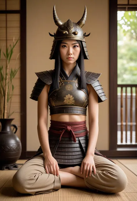 (medium full shot) of (resplendent samurai) japanese young woman, willowy build, black hair, straight hair, dark brown eyes, wea...