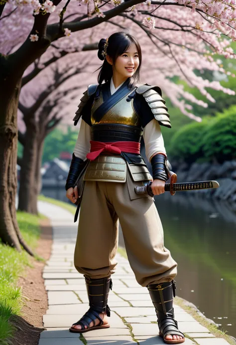 (medium full shot) of (seraphic young woman:1.1) japanese samurai, black hair, straight hair,  brown eyes, slender,             ...