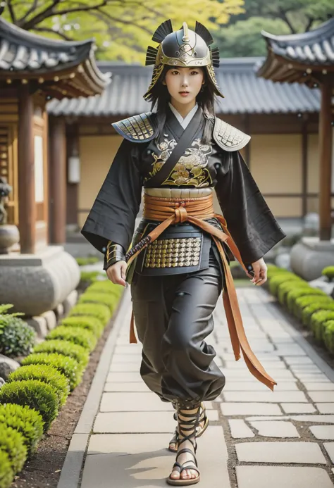 (medium full shot) of  (transcendent young woman:1.1) korean samurai, black hair, straight hair,  brown eyes, slender,             wearing Leather lamellar armor adorned with falcon design, cotton samurai pants, metal kabuto helmet with falcon feather ornamentation, woven straw waraji sandals, wielding wakizashi, surprised, open mouth, running toward the viewer,  .set in  Zen Garden, Serene space with raked gravel arranged in intricate patterns, meticulously pruned bonsai trees, stone lanterns, wooden benches for meditation, tranquil pond with koi fish . Masterpiece,best quality, photorealistic, amazing quality, very aesthetic, extremely detailed face,