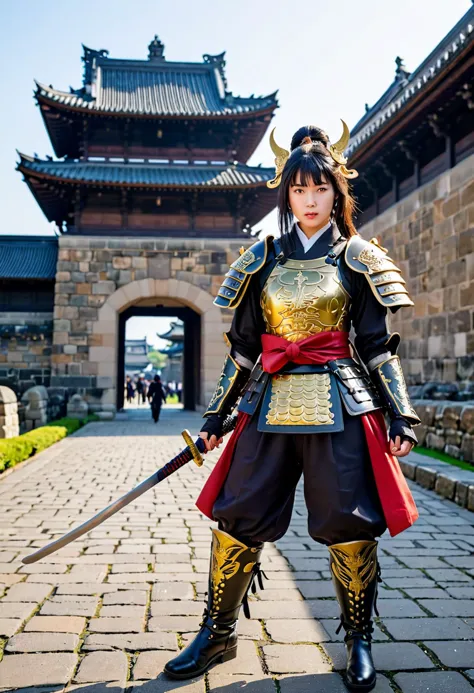 (medium full shot) of  (otherworldly young woman:1.1) korean samurai, black hair, hime haircut,  brown eyes, petite,            ...