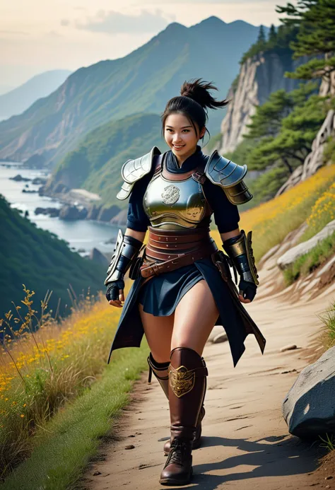 (medium full shot) of (otherworldly young woman:1.1) japanese samurai, black hair, hairbun, dark brown eyes, curvy,             wearing Leather cuirass with fierce tiger design, leather tassets, leather boots with metal plating, iron kabuto helmet, shuriken laughing, jumping in the air,  .set in  Mountain Pass, Winding trail through rugged terrain, towering cedar trees shading the path, wildflowers blooming along the rocky slopes, distant sound of rushing waterfalls, panoramic view of the coastline far below , at sunset, ,Masterpiece,best quality, photorealistic, amazing quality, very aesthetic, extremely detailed face,