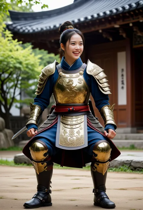 (medium full shot) of (divine young woman:1.1) korean samurai, black hair, hairbun,  brown eyes, petite,             wearing orn...