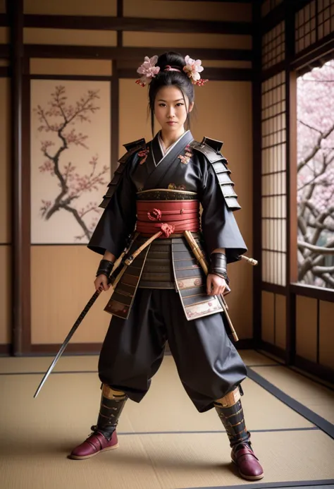 (medium full shot) of (ineffable samurai) japanese young woman, curvy build, black hair, hairbun,  brown eyes, wearing a samurai...