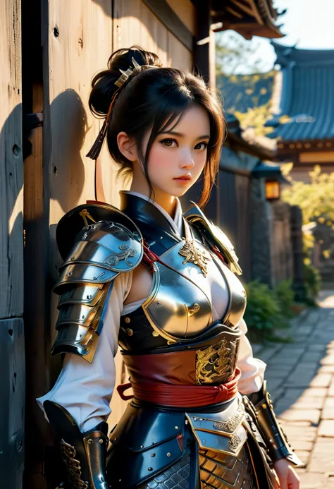 (medium full shot) of (divine young woman:1.1) japanese samurai, black hair, hairbun,  brown eyes, petite,             wearing l...