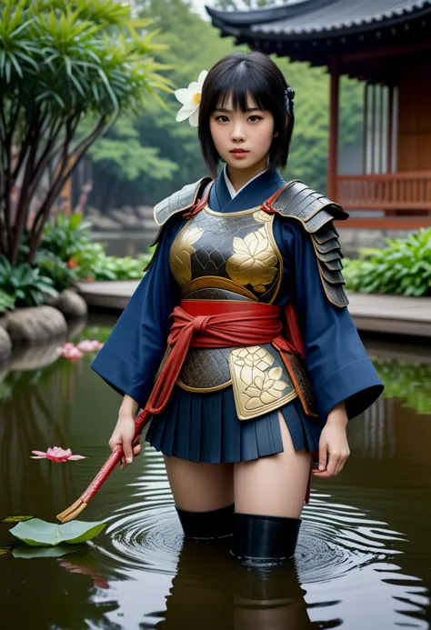 (medium full shot) of (transcendent young woman:1.1) japanese samurai, black hair, hime haircut,  brown eyes, slender,          ...