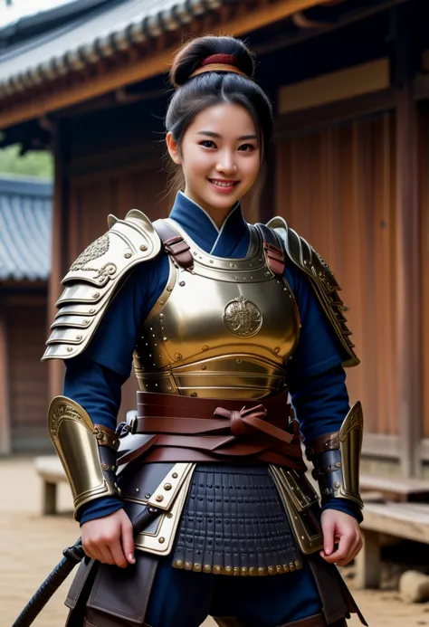 (medium full shot) of (ethereal young woman:1.1) chinese samurai, black hair, hairbun,  brown eyes, curvy,             wearing a...