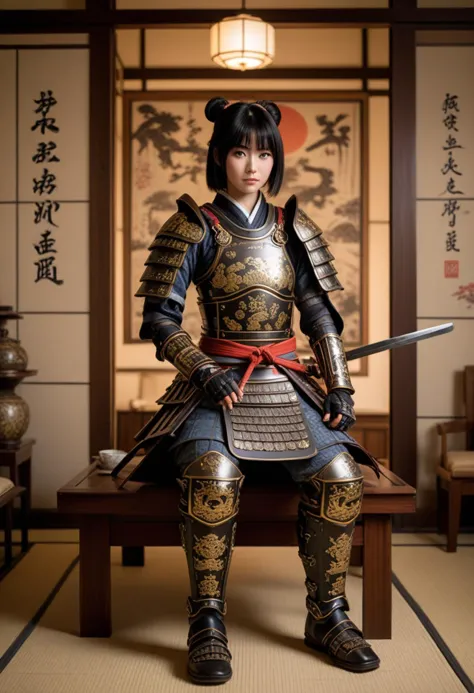 (medium full shot) of (heavenly samurai) chinese young woman, normal build, black hair, hime haircut, dark brown eyes, wearing a...