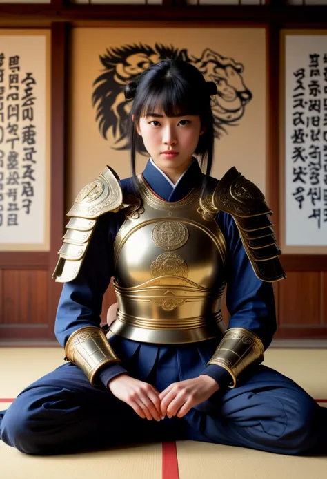 (medium full shot) of (ethereal young woman:1.1) korean samurai, black hair, hime haircut,  brown eyes, curvy,             weari...