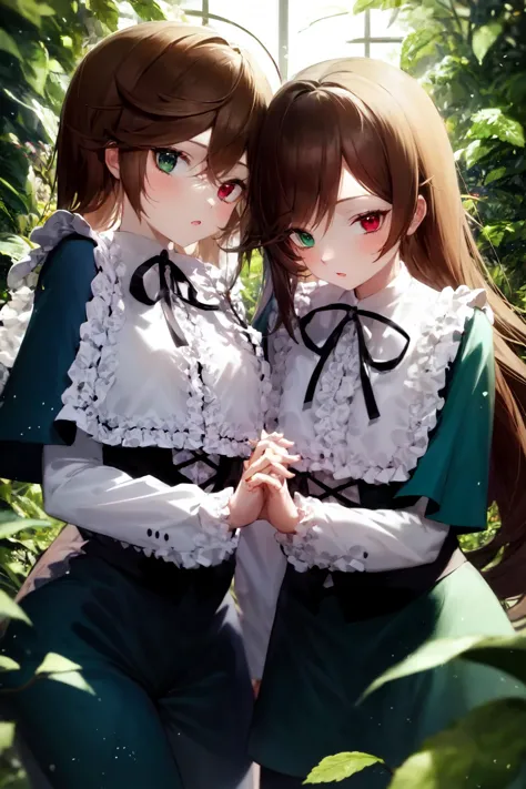 anime girls in green and white outfits posing for a picture