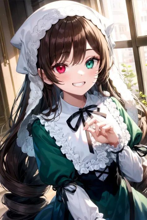 anime girl with long hair and green eyes in a green dress