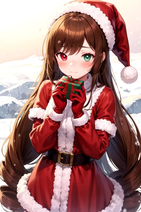 a girl in a santa outfit holding a present in her hands