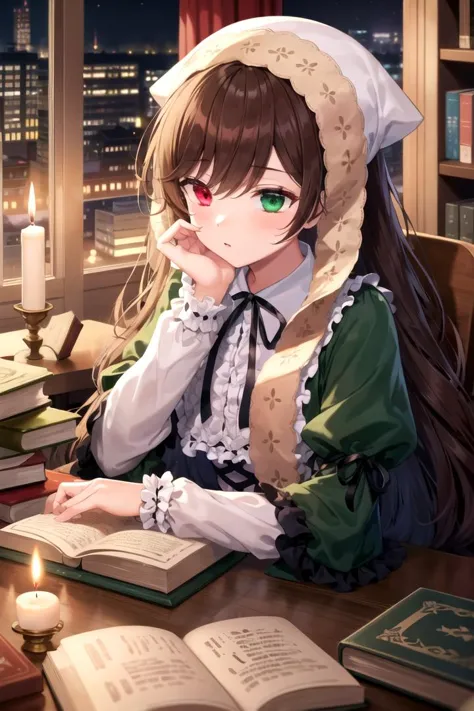 anime girl sitting at a table with a book and candle