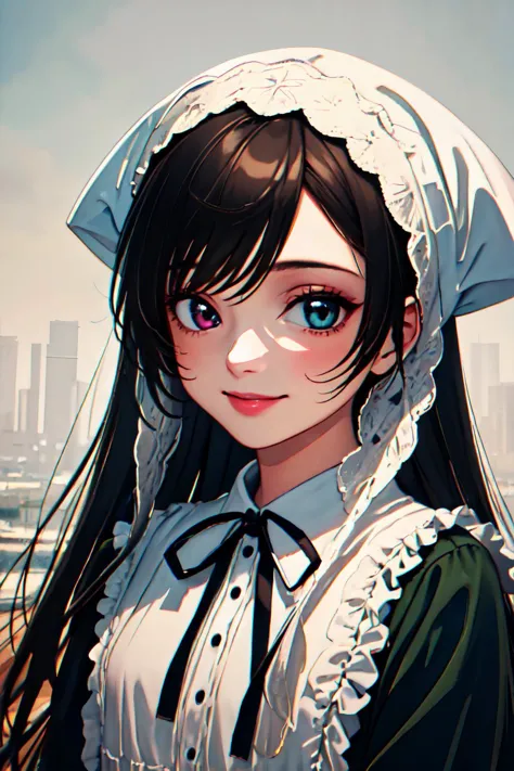 anime girl with long black hair wearing a bonnet and a green dress