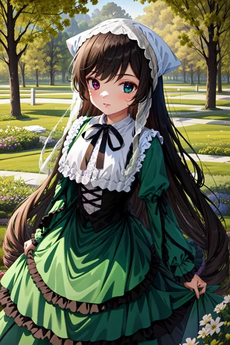 anime girl in green dress with white bonnet and green dress