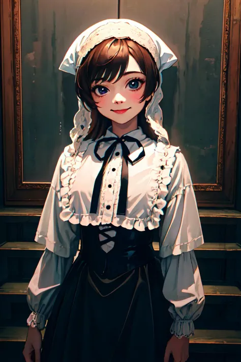 anime girl in a white dress and bonnet standing in front of a painting