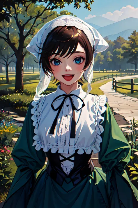 anime girl in a green dress and bonnet standing in a park