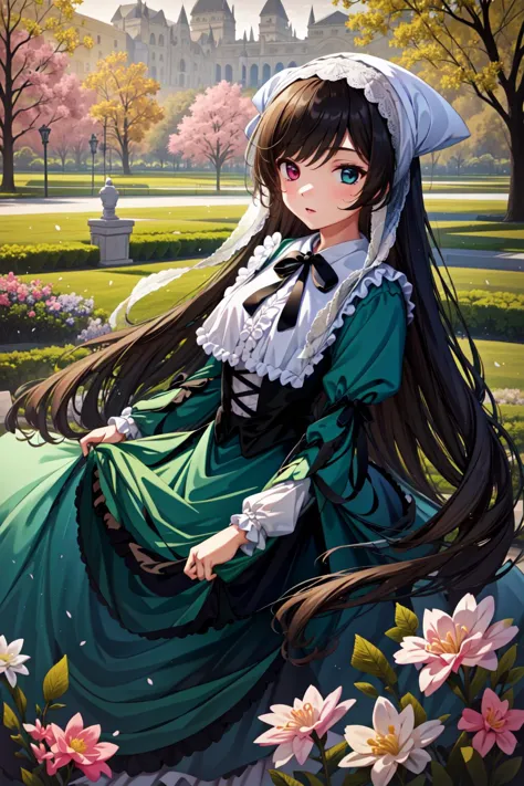 anime girl in a green dress sitting in a park with flowers