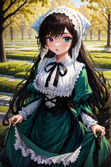 anime girl in green dress with white bonnet and black hair