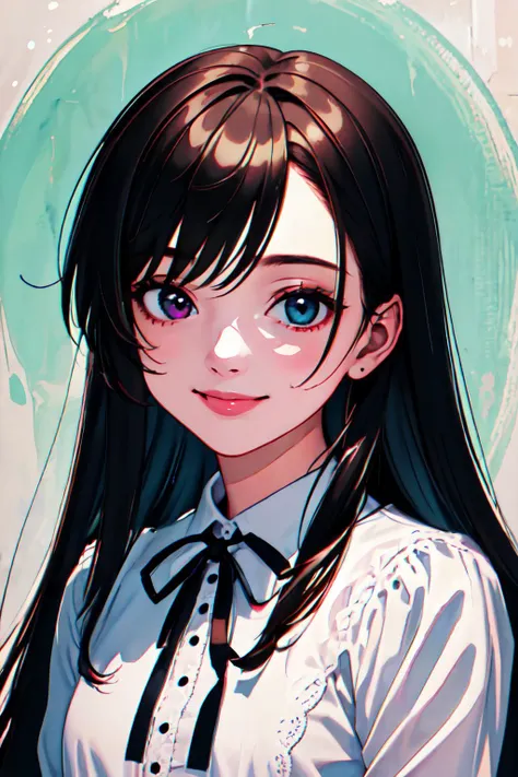 anime girl with long black hair and blue eyes wearing a white shirt