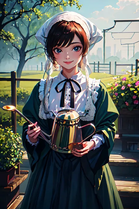 anime girl in a green dress holding a teapot and a spoon