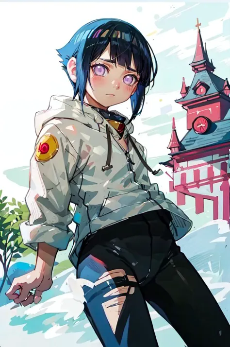 anime girl with blue hair and a white shirt and black pants