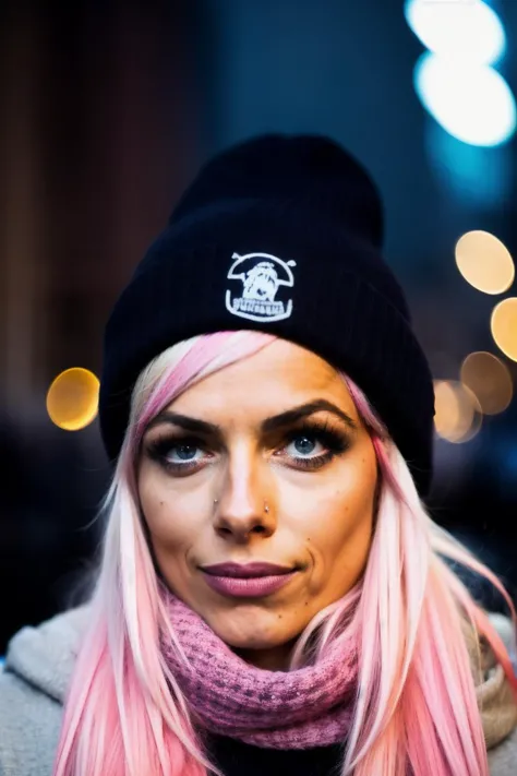 a close up of a woman with pink hair wearing a black hat