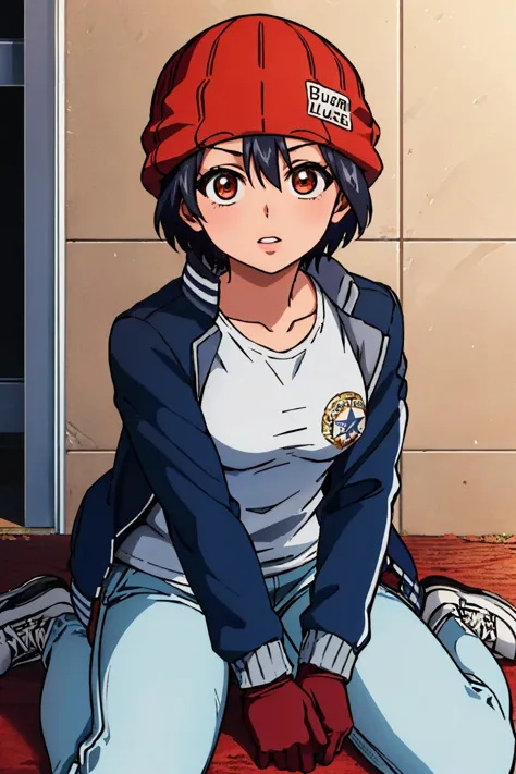 anime girl sitting on the ground with a red hat on