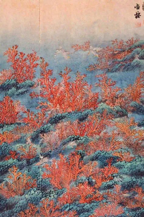 there is a painting of a mountain with red corals on it